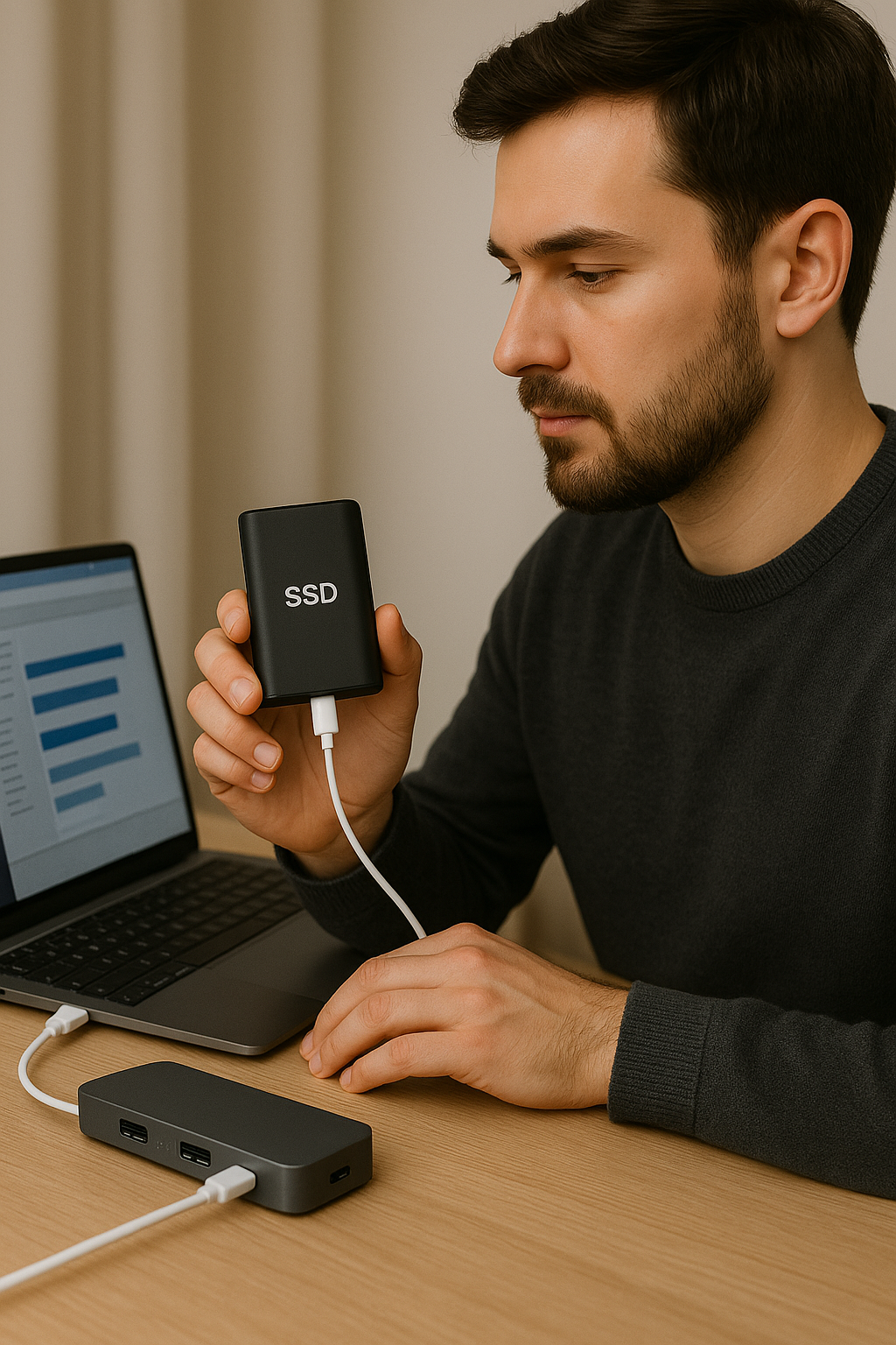 External SSD dock in a workspace