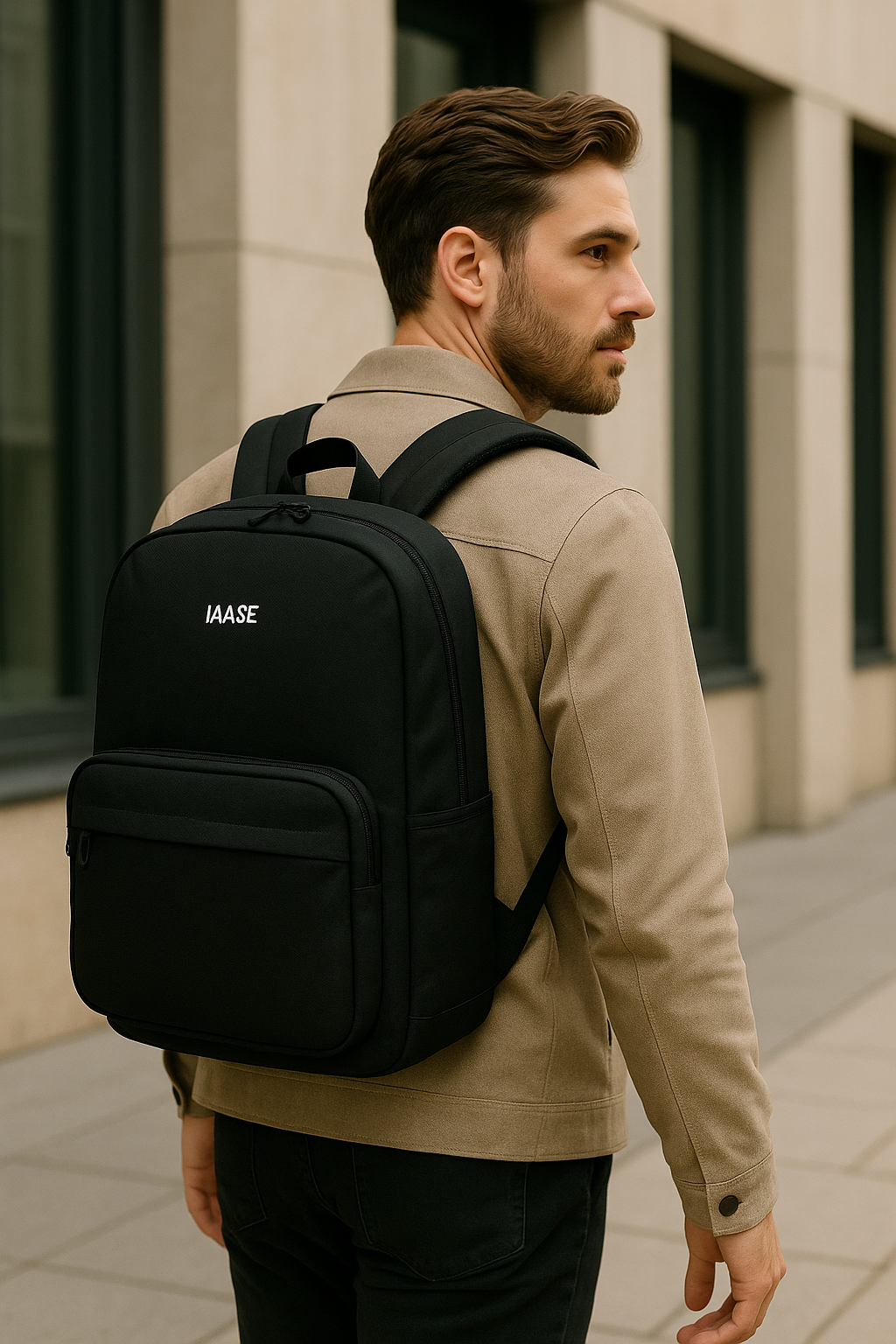 Travel backpack on a person