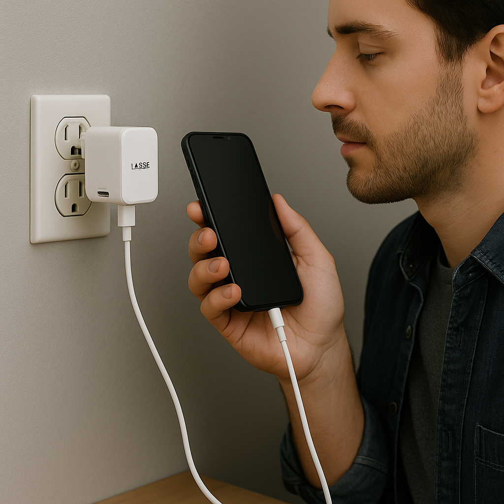 Universal travel adapter plugged into wall